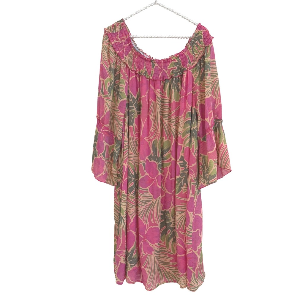 Mlle Gabrielle Boho Pink Tropical Floral Off Shoulder Bell Sleeve Shift Dress 2X